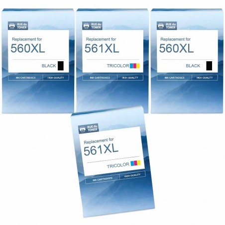Pack de 4 cartouches compatibles PG-560XL CL-561XL Canon 2 noirs, 2 couleurs Pack de 4 cartouches compatibles PG-560XL CL-561XL Canon 2 noirs, 2 couleurs