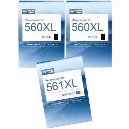 Pack de 3 cartouches compatibles PG-560XL CL-561XL Canon 2 noirs, 1 couleur Pack de 3 cartouches compatibles PG-560XL CL-561XL Canon 2 noirs, 1 couleur
